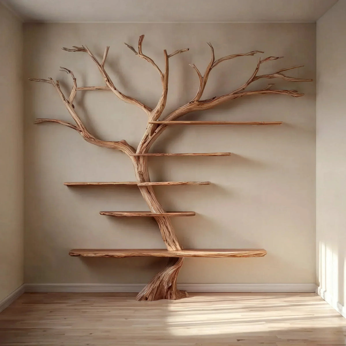 Minimalist tree-shaped wooden wall shelf with floating branches in a bright room