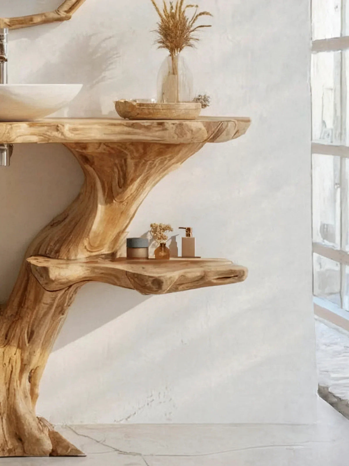 Modern bathroom with live edge solid wood vanity, vessel sink, minimalist decor