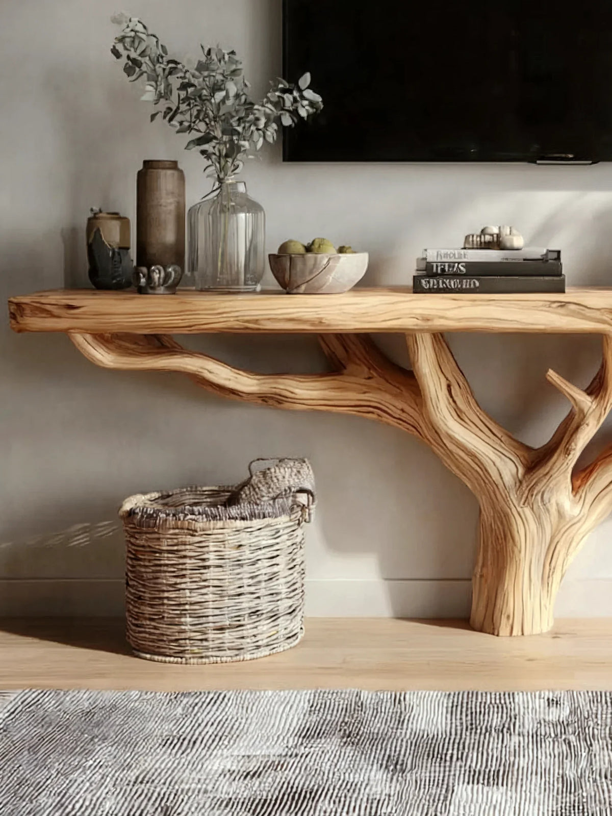 Modern interior with a live edge wood console table, tree branch base, and natural decor accents