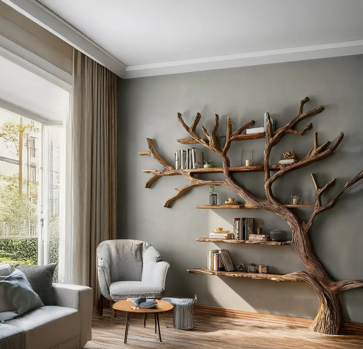 Modern living room with a tree-shaped wooden bookshelf, armchair, and coffee table