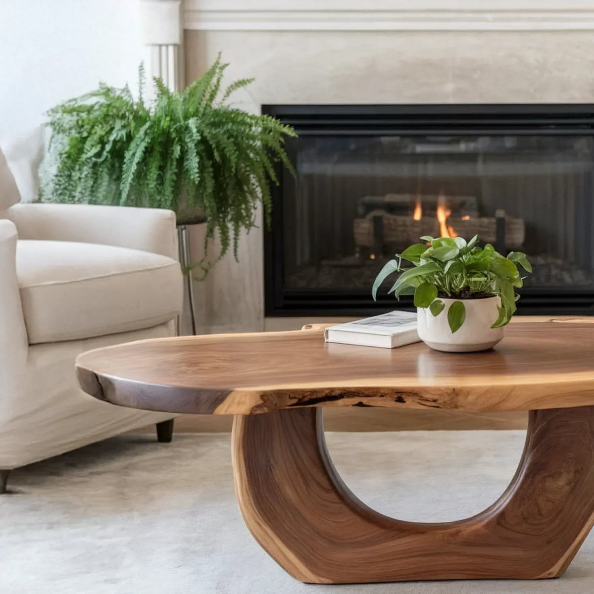 Modern living room with solid wood live edge coffee table, potted plant, and fireplace
