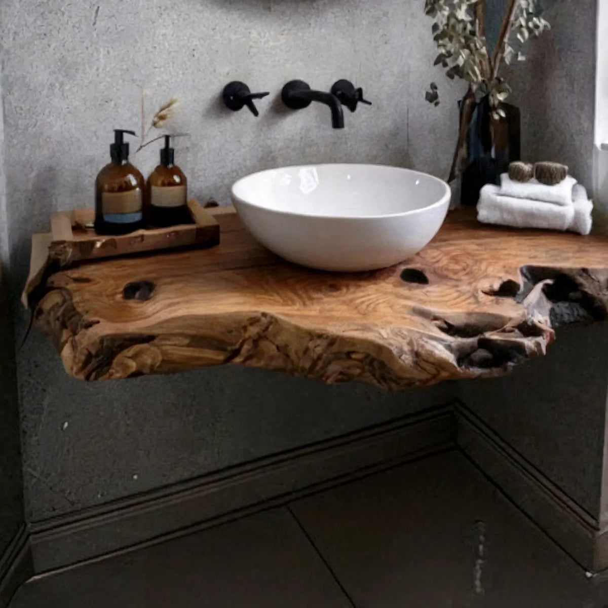 Modern minimalist bathroom with live edge solid wood vanity, vessel sink, and matte black fixtures.