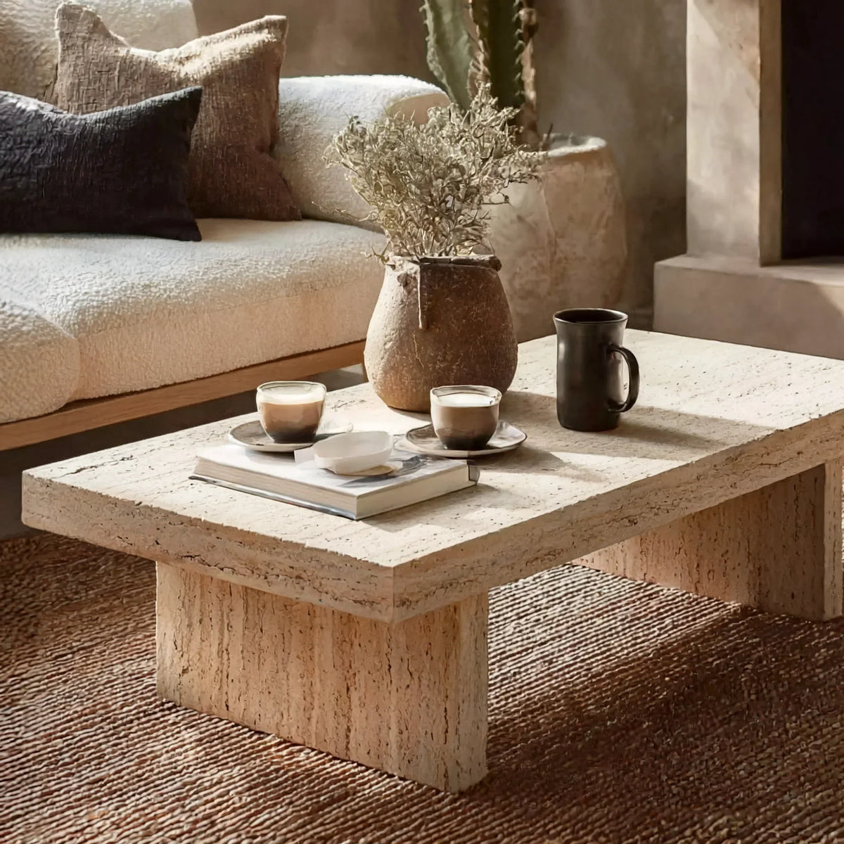 Modern minimalist living room with a solid wood coffee table and neutral cozy decor.