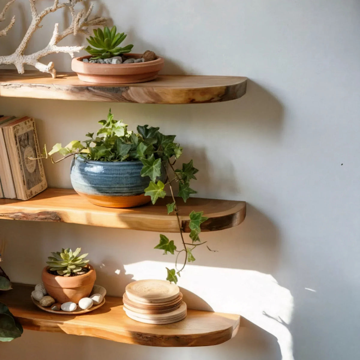 Minimalist solid wood floating shelves with potted plants and books in natural light