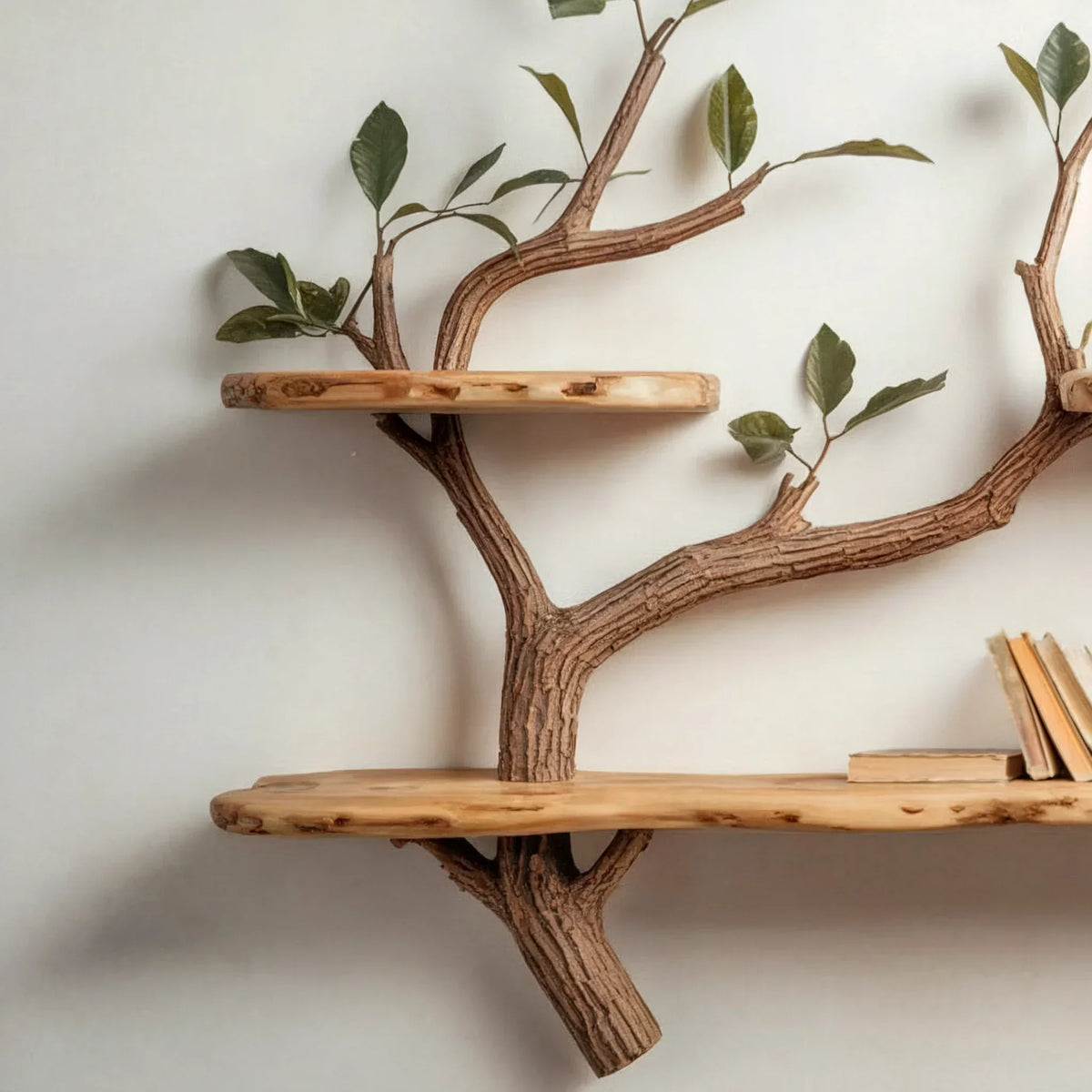 Naturalistic wall shelf with live edge wood, tree branch design, and leafy accents