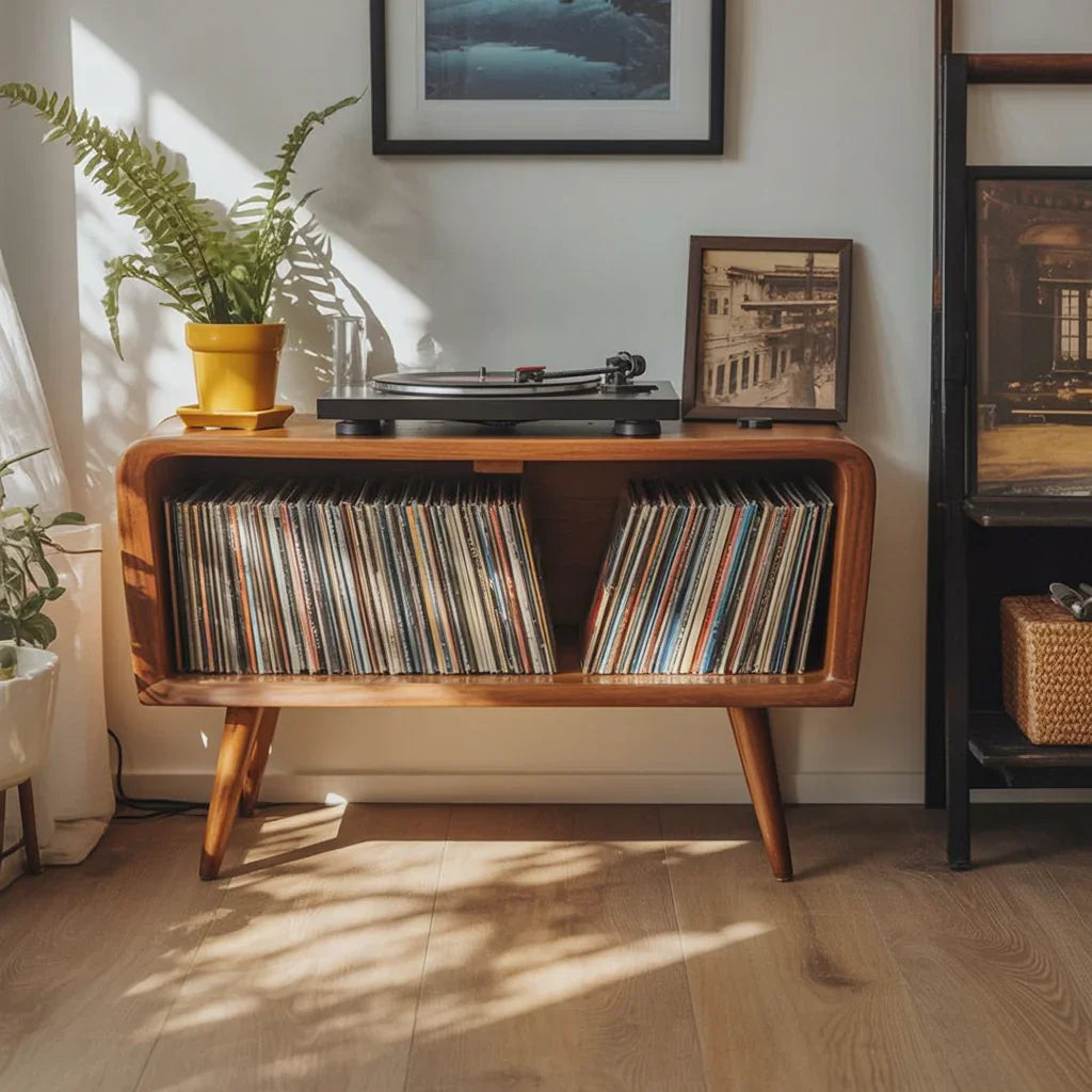 Mid-century modern solid wood record console with vinyl storage and turntable in sunlit room