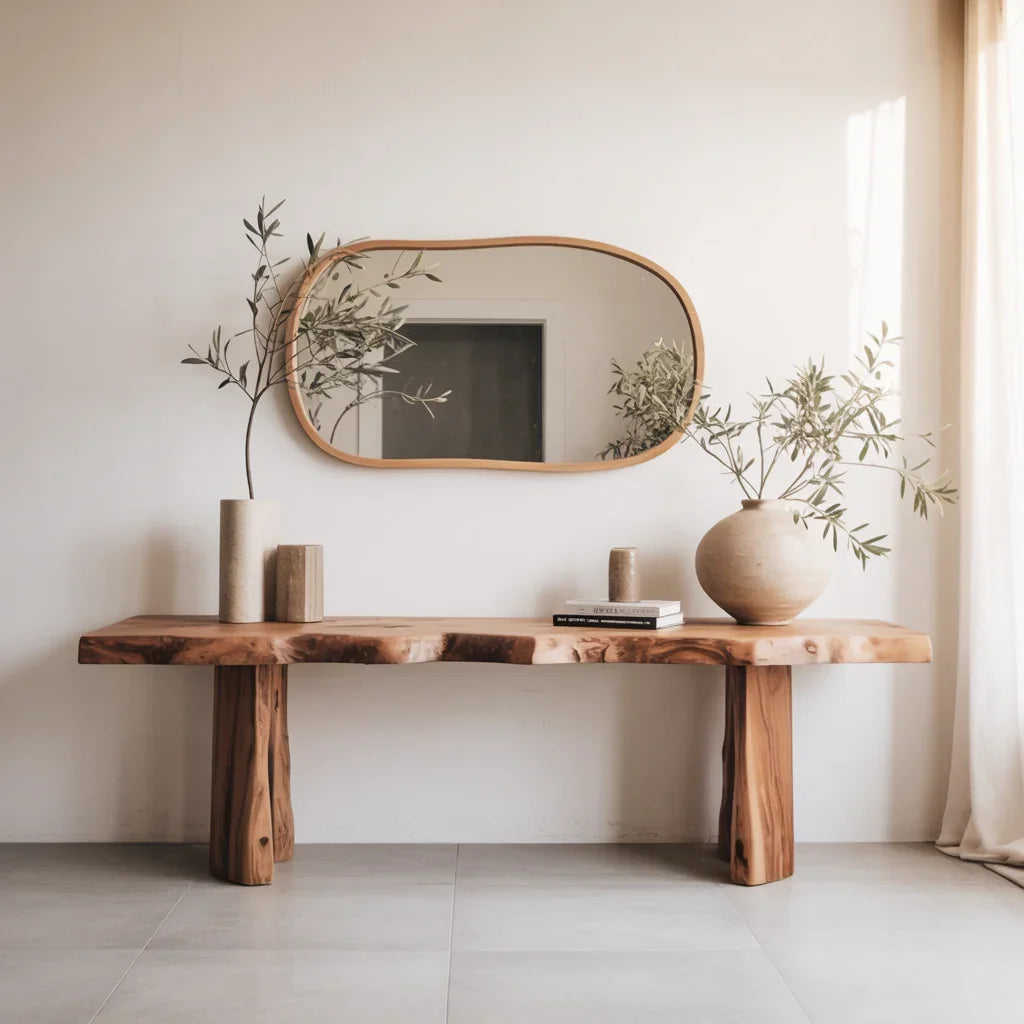 Minimalist interior with wooden bench, oval wall mirror, ceramic vases, and greenery in neutral tones