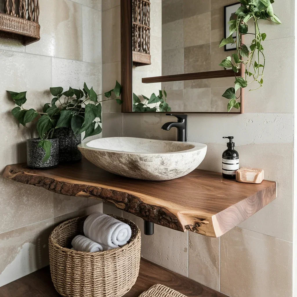 Modern bathroom with stone vessel sink on a live edge wood vanity, indoor plants, and beige tile walls.