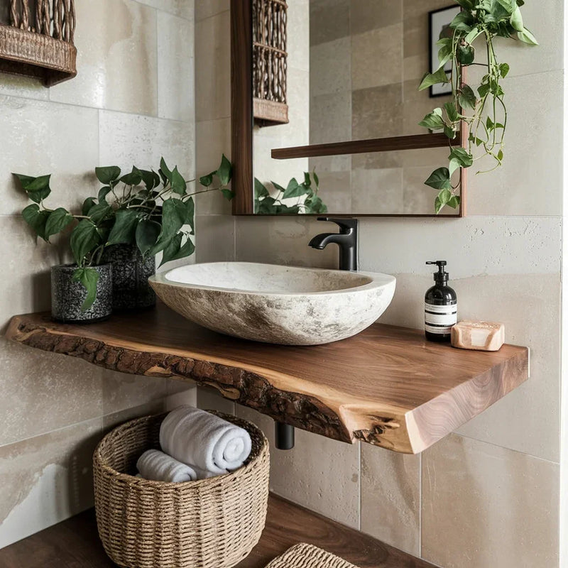 Modern bathroom with stone vessel sink on a live edge wood vanity, indoor plants, and beige tile walls.