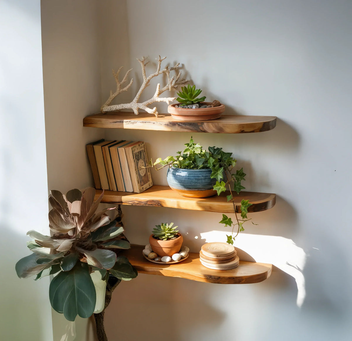 Rustic live edge wood corner shelves with potted plants, books, and natural decor.