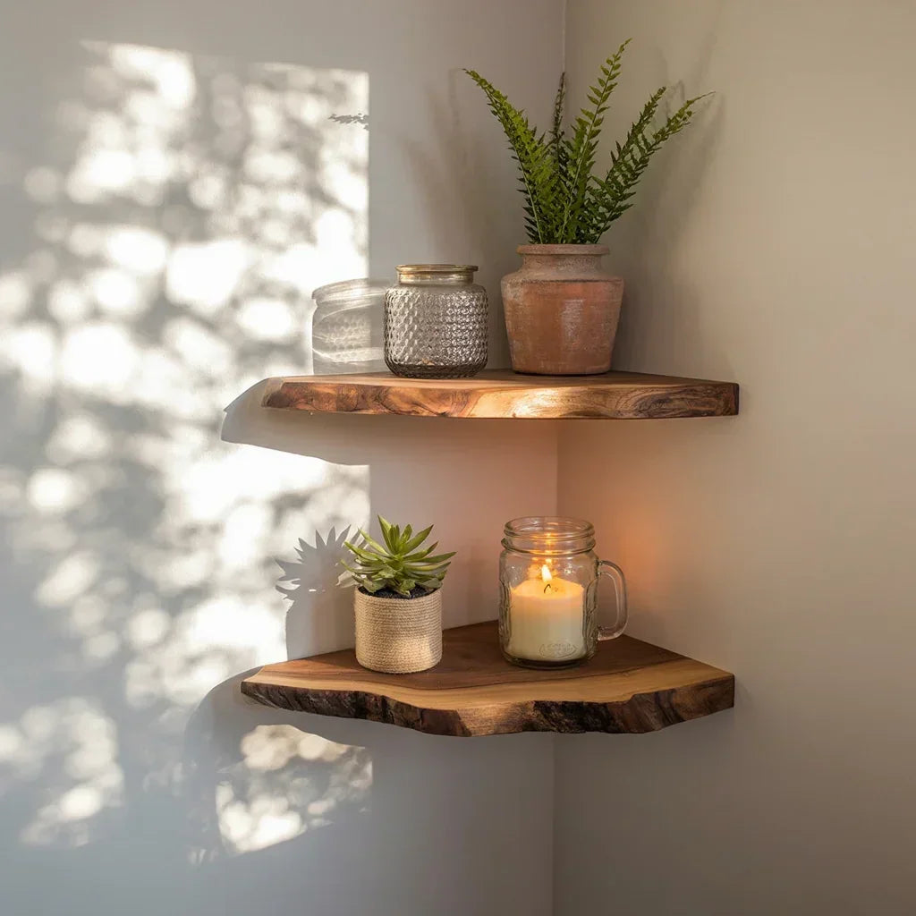 Live edge floating wood shelves with potted plants and candle in a cozy corner.