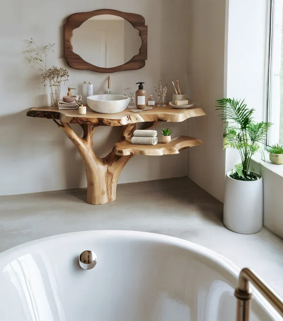 White bathtub with a rustic live edge wood vanity, vessel sink, and modern decor in a bright bathroom
