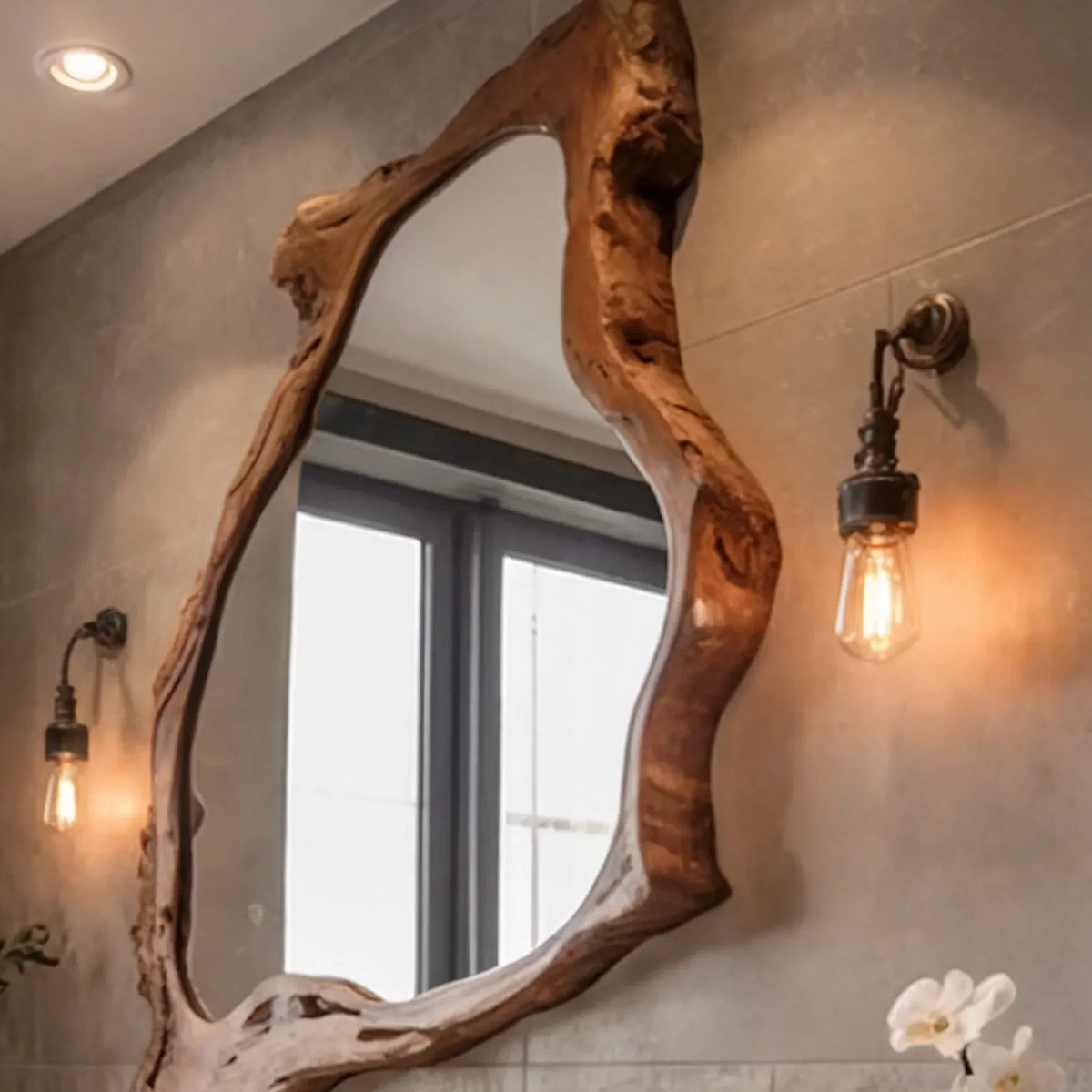 Rustic bathroom with a live edge wood mirror, vintage wall lights, and natural textures