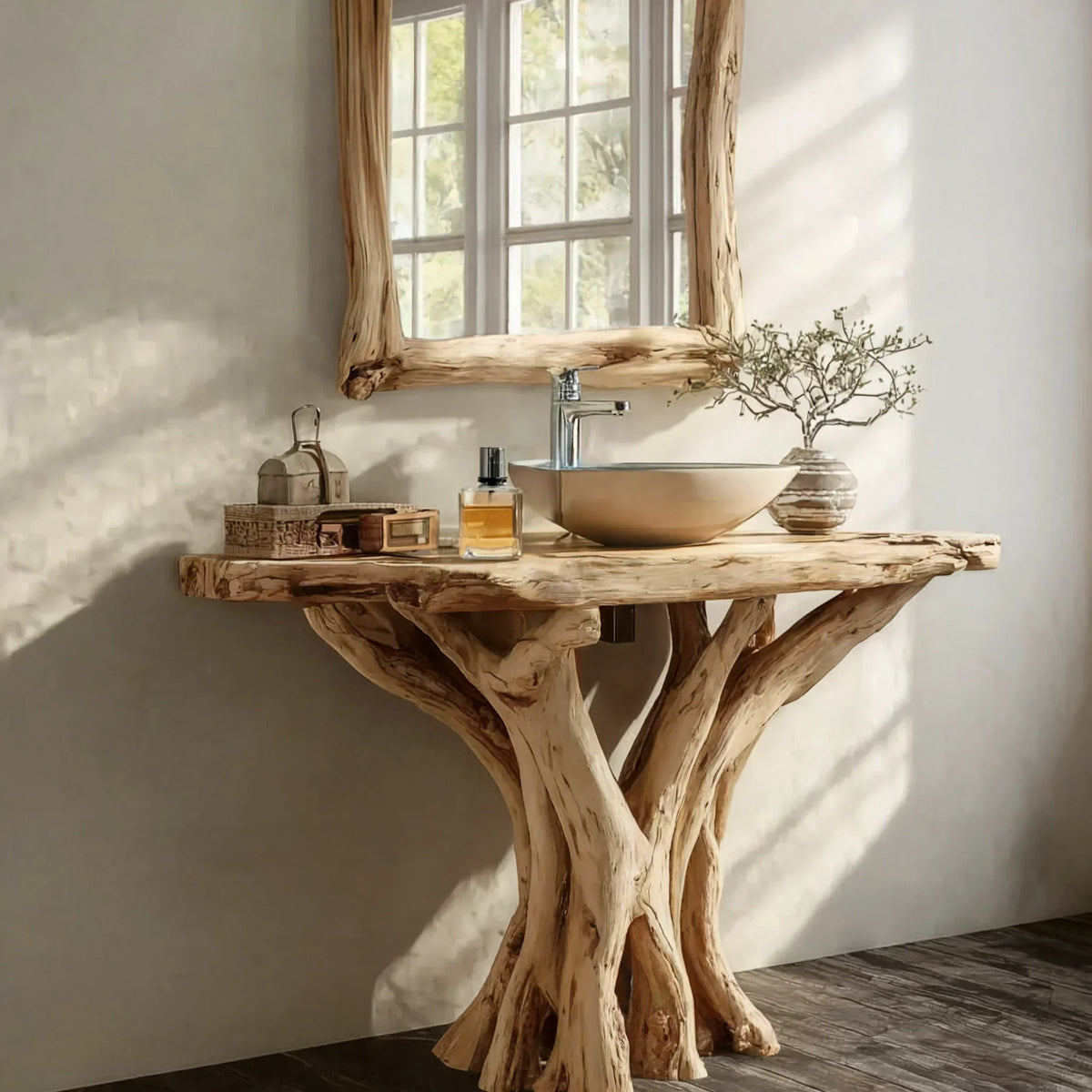 Rustic solid wood bathroom vanity with live edge countertop and natural wood frame mirror