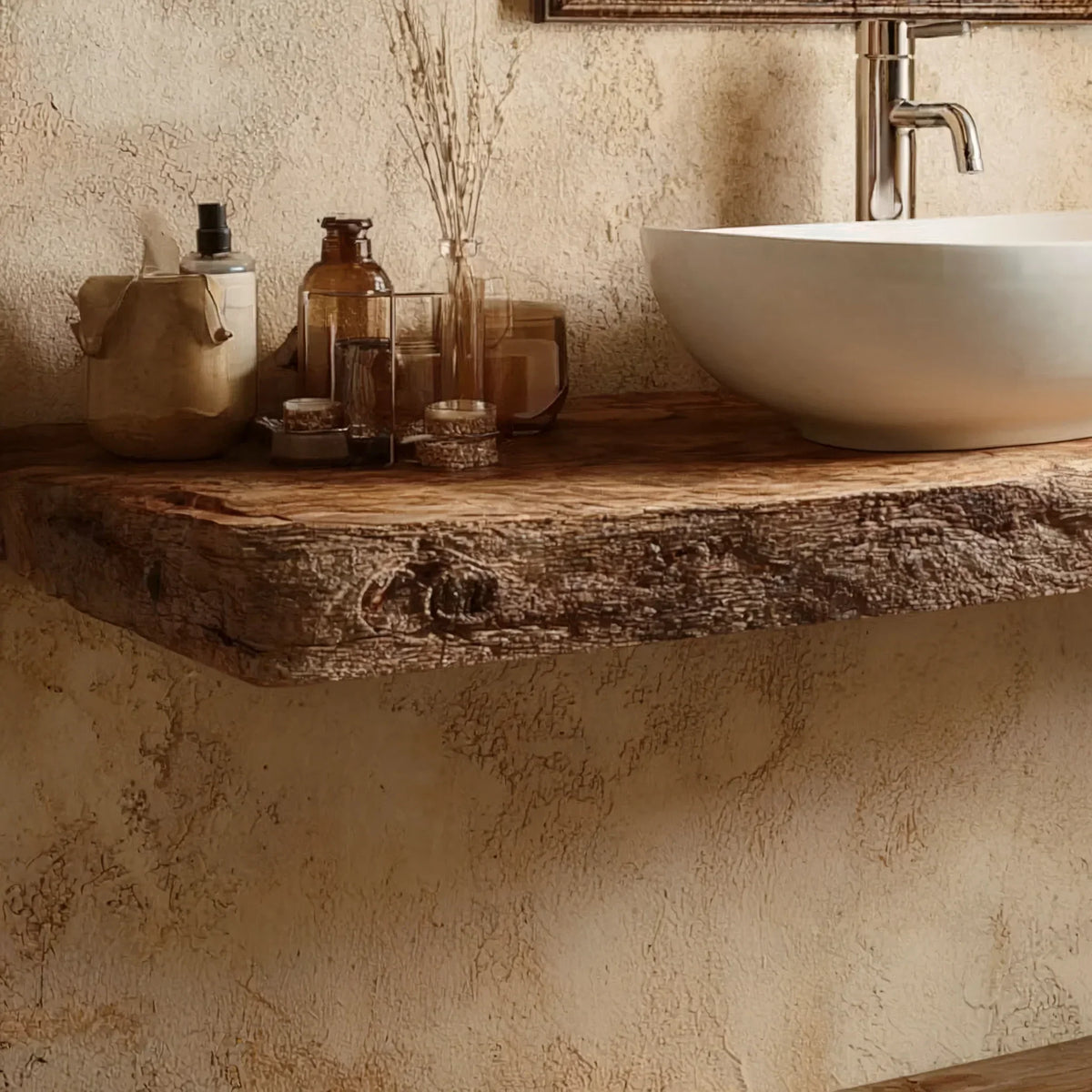 Rustic bathroom vanity with live edge wood countertop and vessel sink