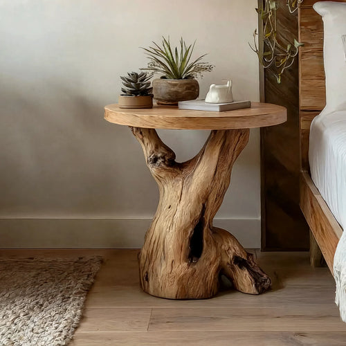 Handcrafted Round End Table – Solid Wood Live Edge Rustic Accent for Living Room or Bedroom