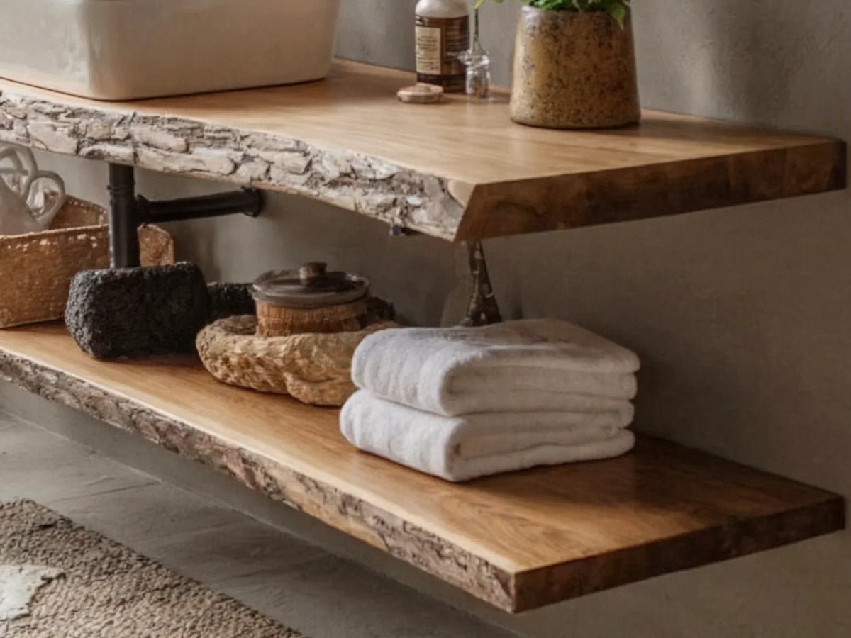 Rustic live edge floating wood shelves in a bathroom with towels and decor