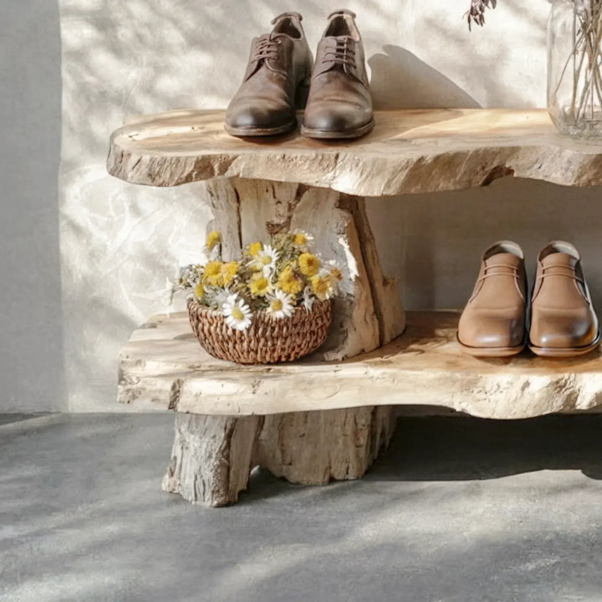 Rustic live edge wooden shelf with brown leather shoes and a woven basket of daisies