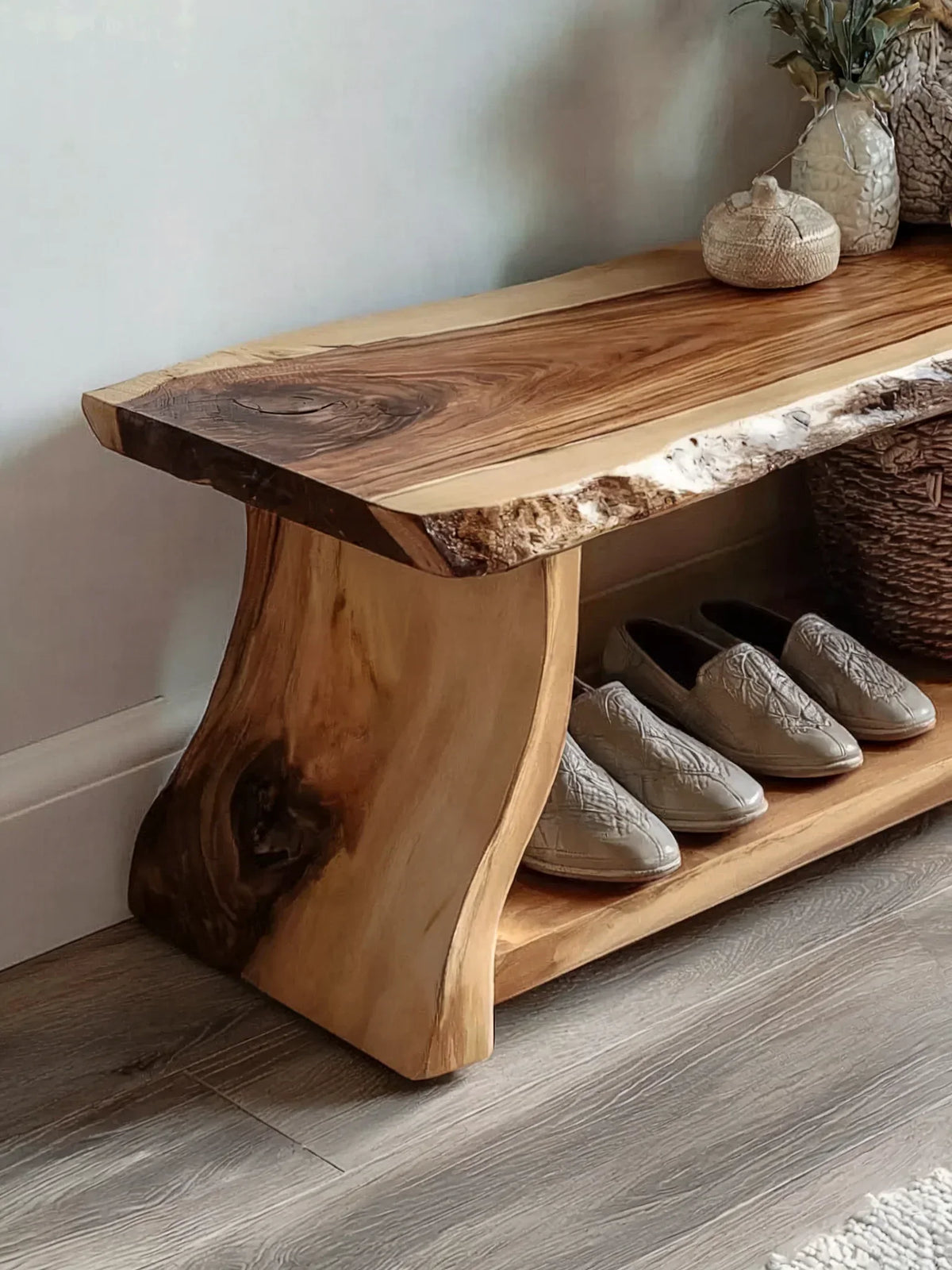 Rustic live edge wooden bench with shelf, solid wood entryway furniture, shoes underneath