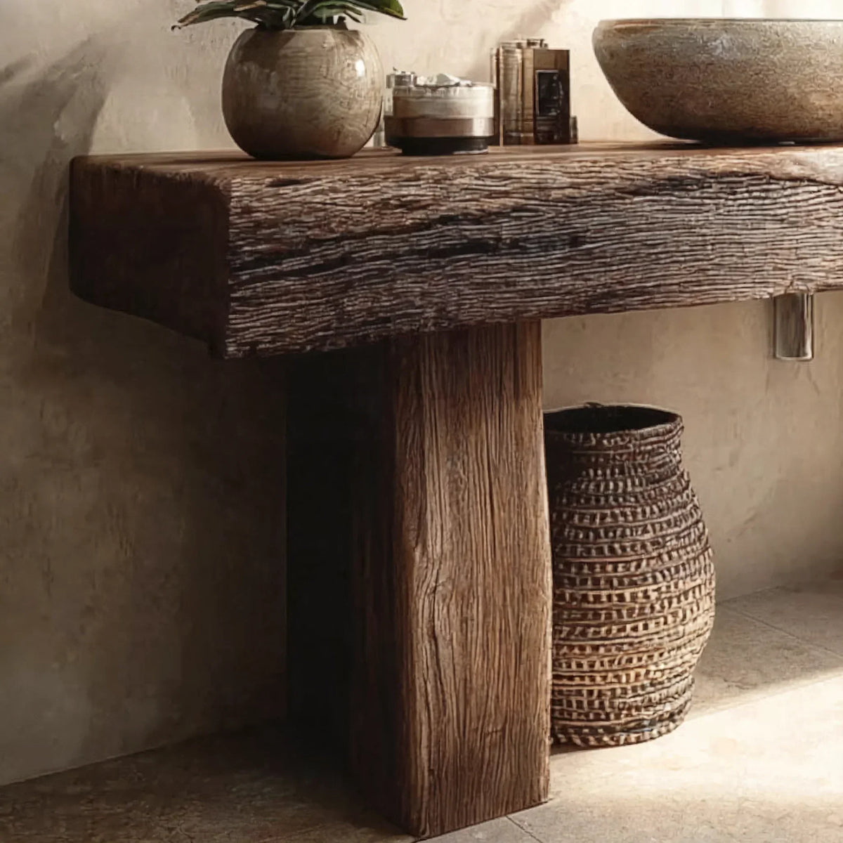 Rustic solid wood bathroom vanity with vessel sink, decorative basket, and plant