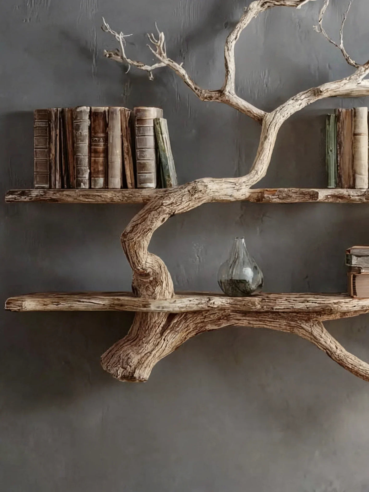 Rustic live edge floating wood shelf with branch design, holding books and glass vase on gray wall