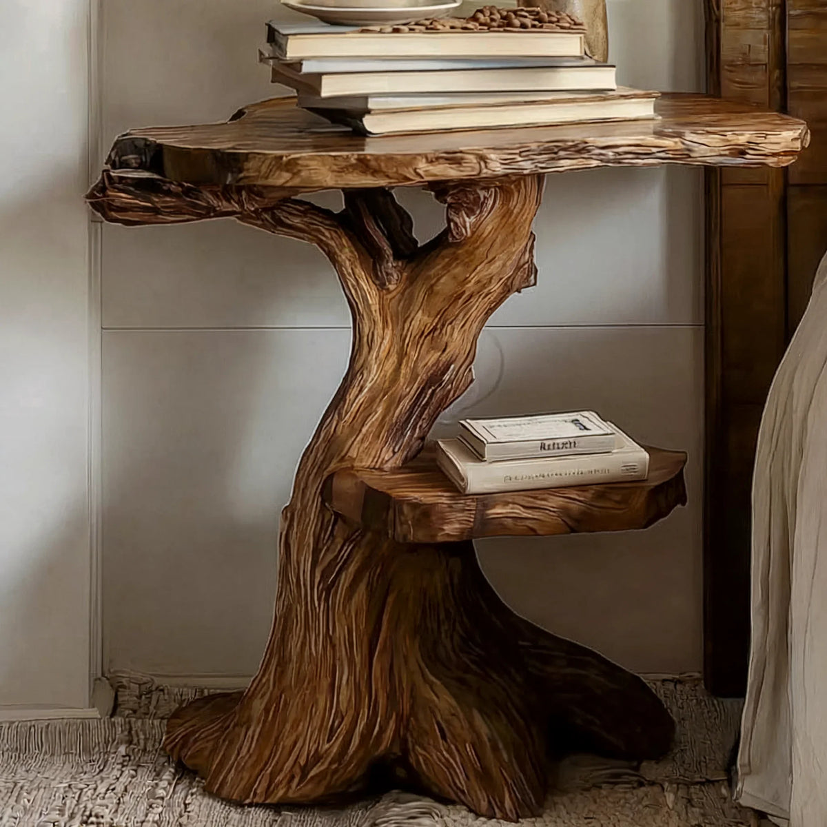 Rustic wooden tree trunk side table with natural live edge and stacked books