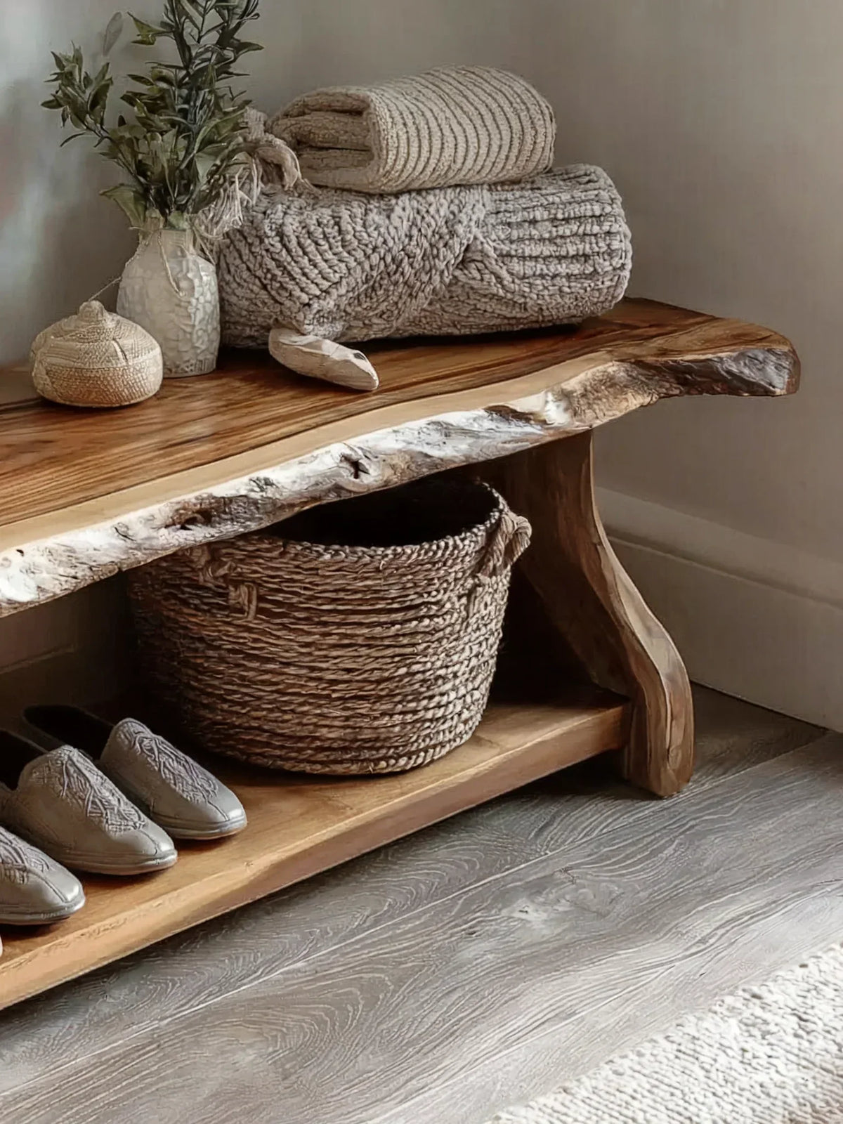 Rustic live edge wooden console table with woven basket, folded blankets, and decorative vase.