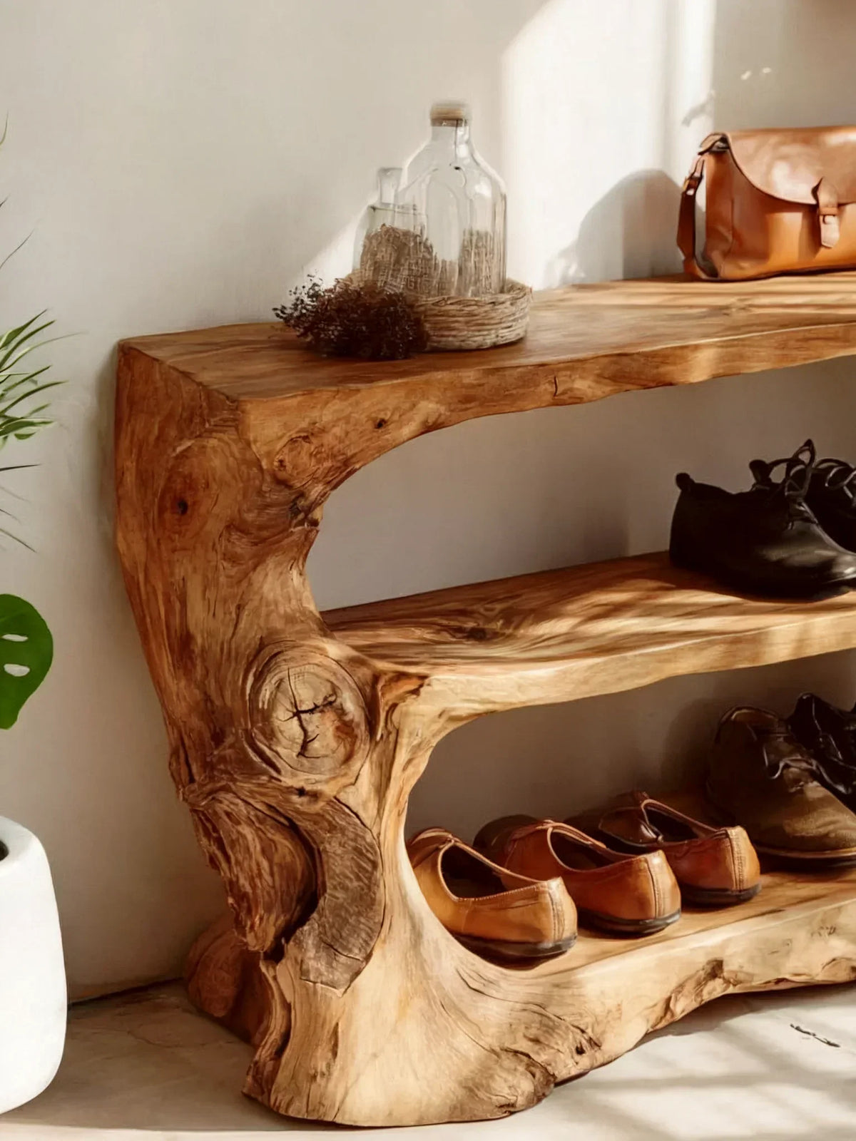 Rustic solid wood shoe rack with natural live edge design, shoes, and decor in entryway.