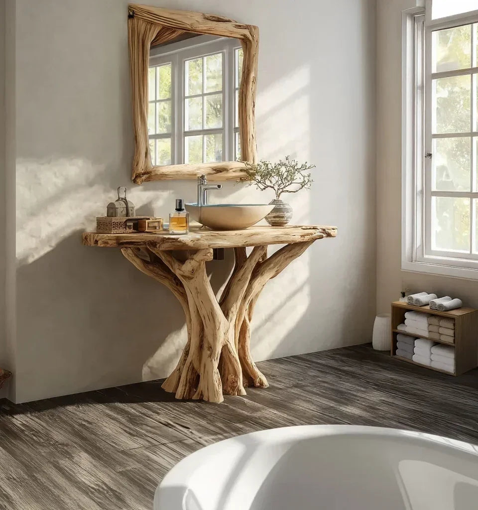 Modern bathroom with a live edge wood vanity, vessel sink, and rustic mirror by window