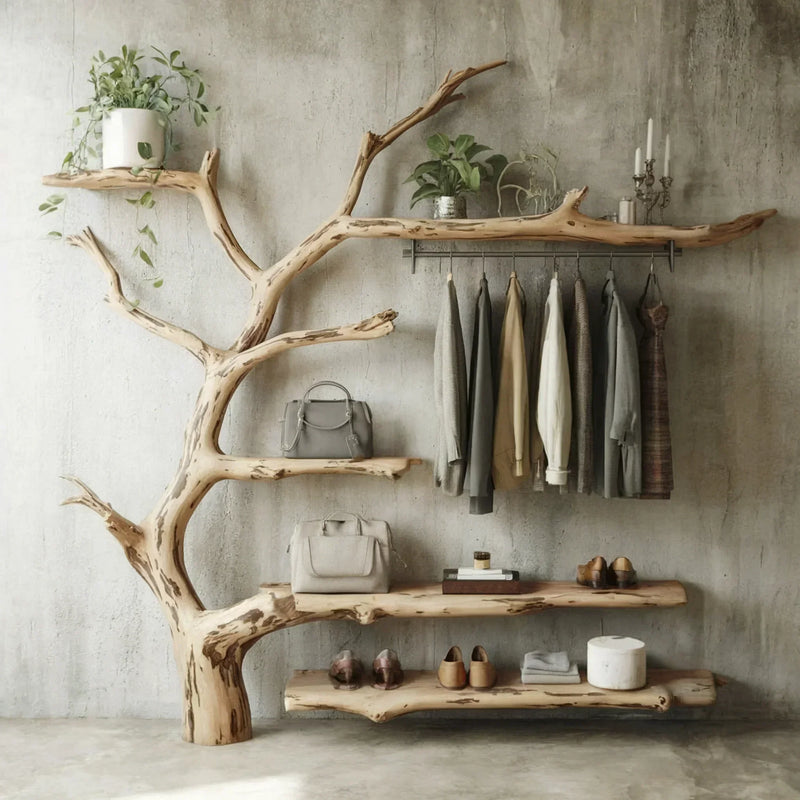 Unique wooden tree-branch shelving unit with hanging clothes, plants, bags, and shoes in rustic room