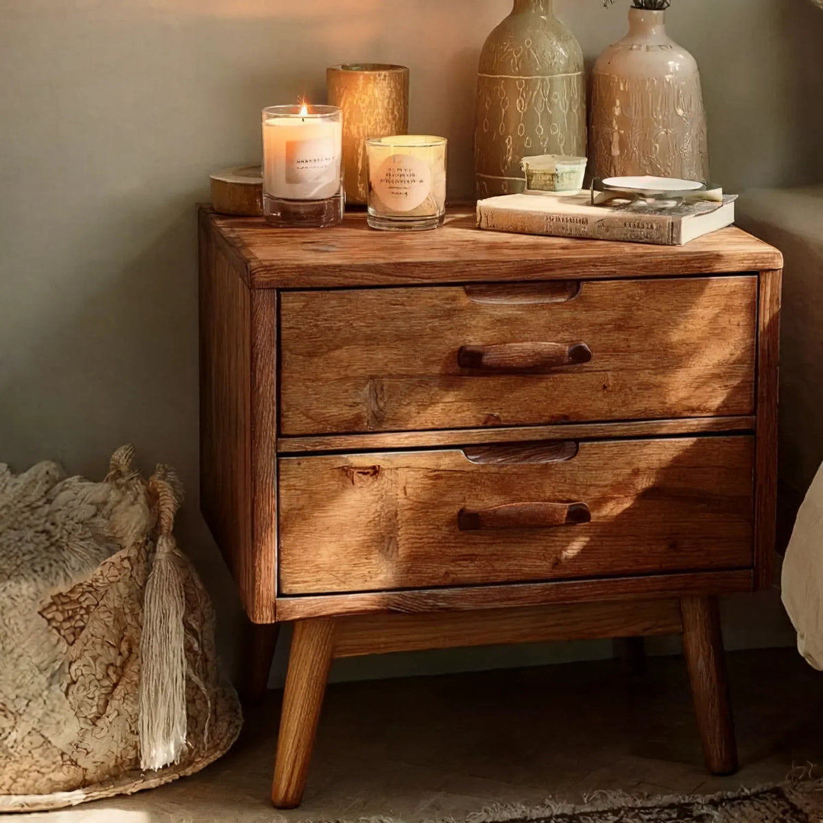 Mid-century style solid wood nightstand with candles and decor on top, warm lighting
