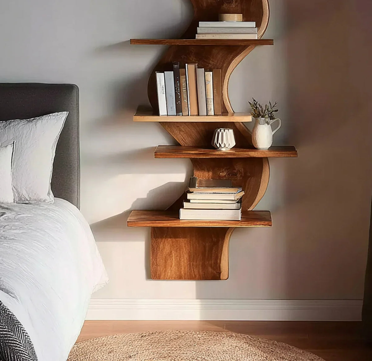 Live edge solid wood bookshelf with books and decor in a modern bedroom