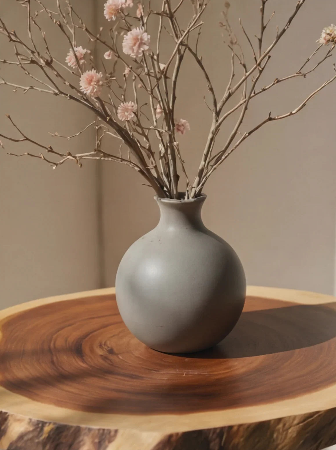 Gray ceramic vase with dried branches and pink flowers on a live edge wood table