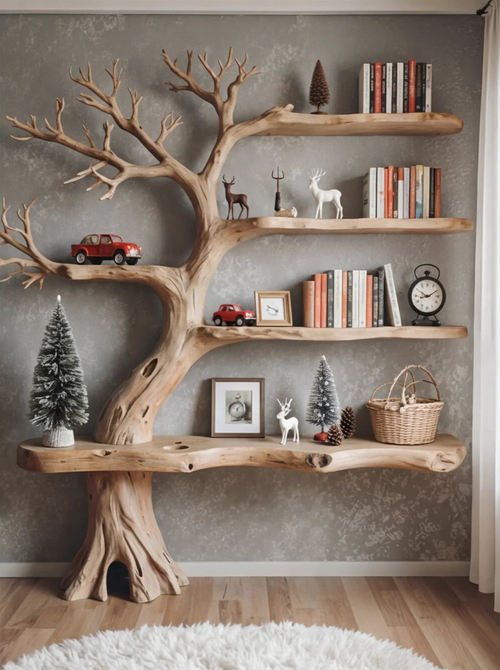 Rustic Tree Shaped Wooden Bookshelf with Branch Design for Living Room or Home Library