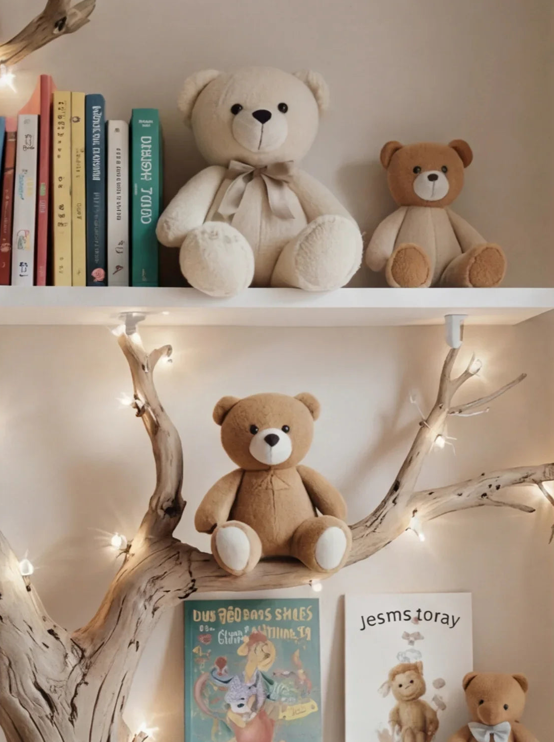 Children’s room shelf with teddy bears, books, tree branch accents and string lights