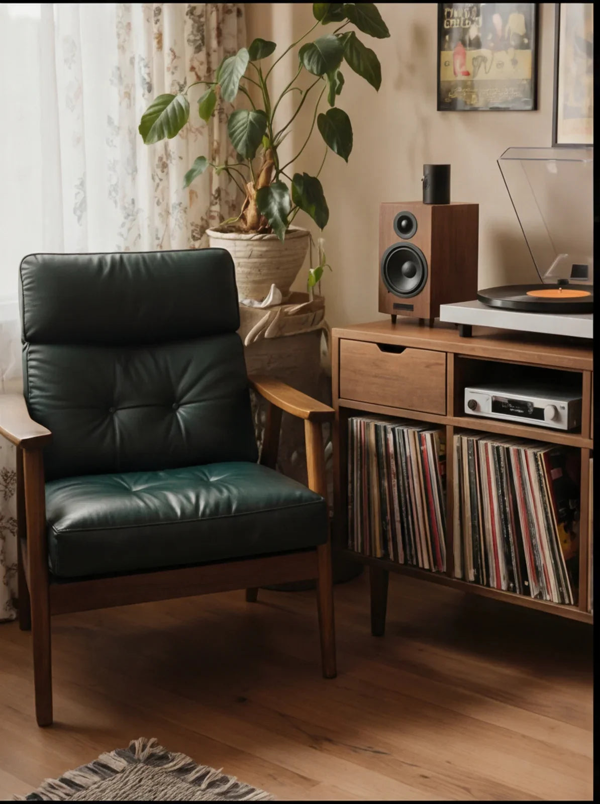 Mid-century modern dark green leather chair next to wooden record cabinet and potted plant