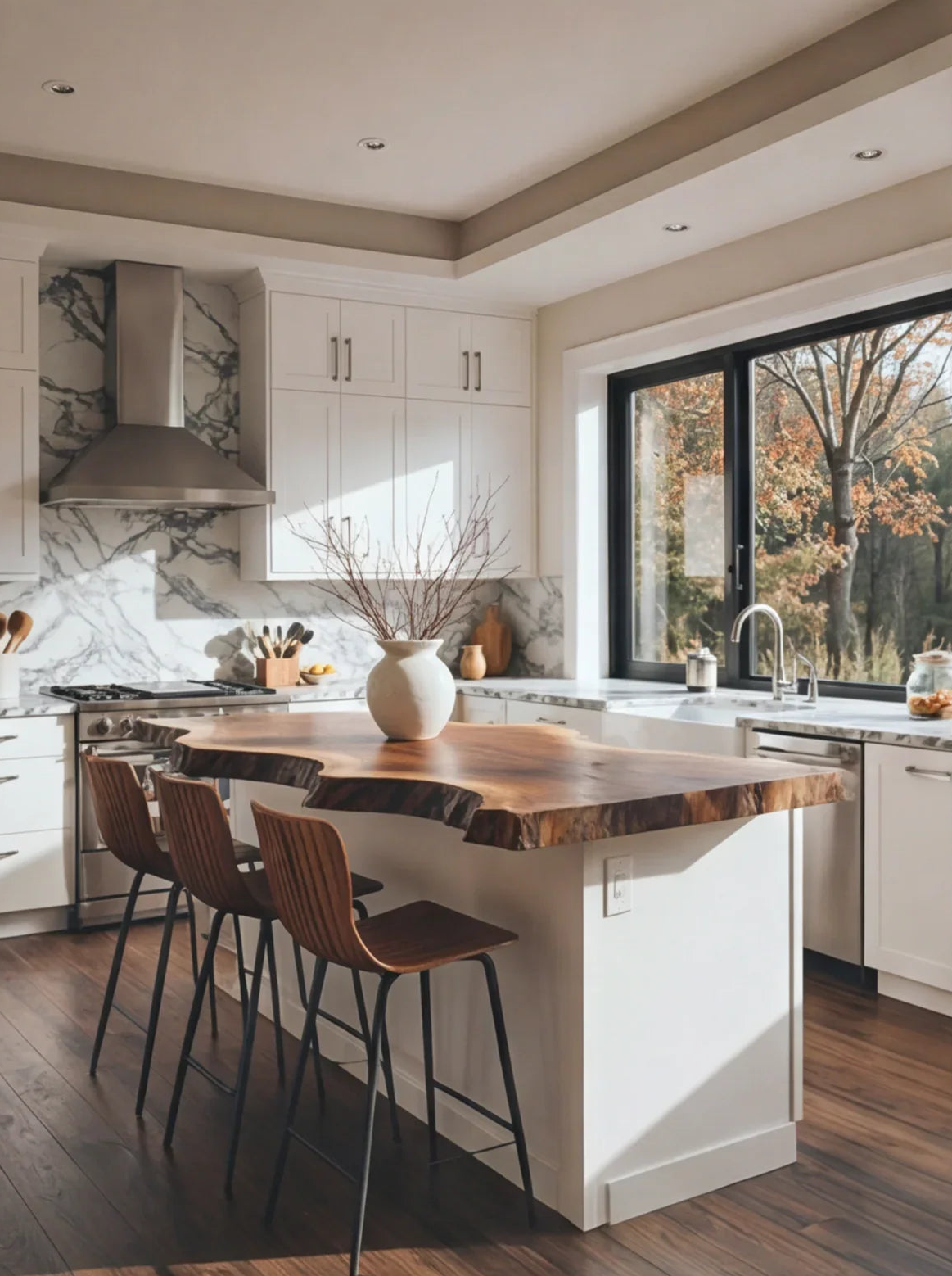 Modern kitchen with live edge wood island, marble backsplash, and wooden bar stools.