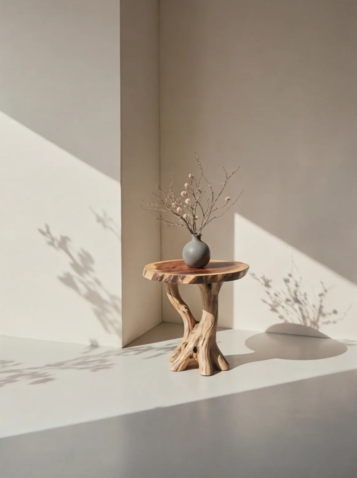 Solid wood live edge side table with a natural branch vase in minimalist room