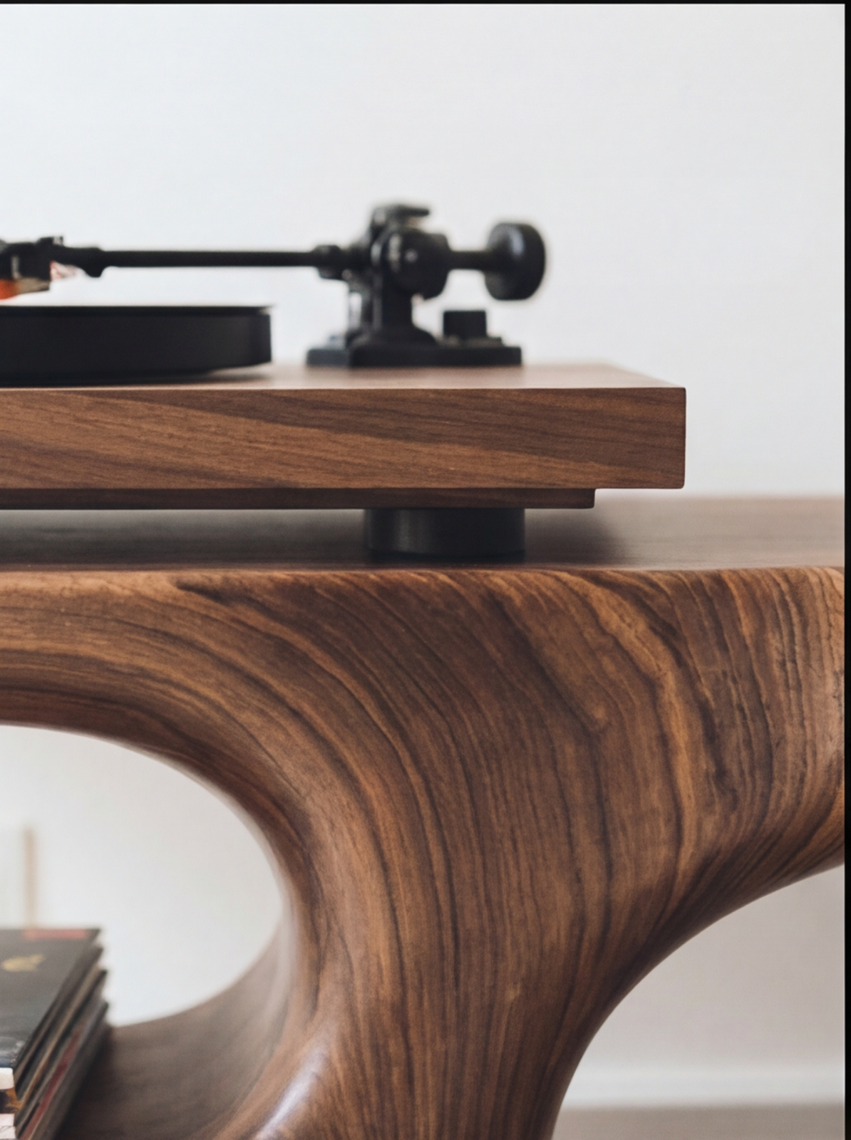 Sustainably crafted live edge solid wood table with record player and organic curves