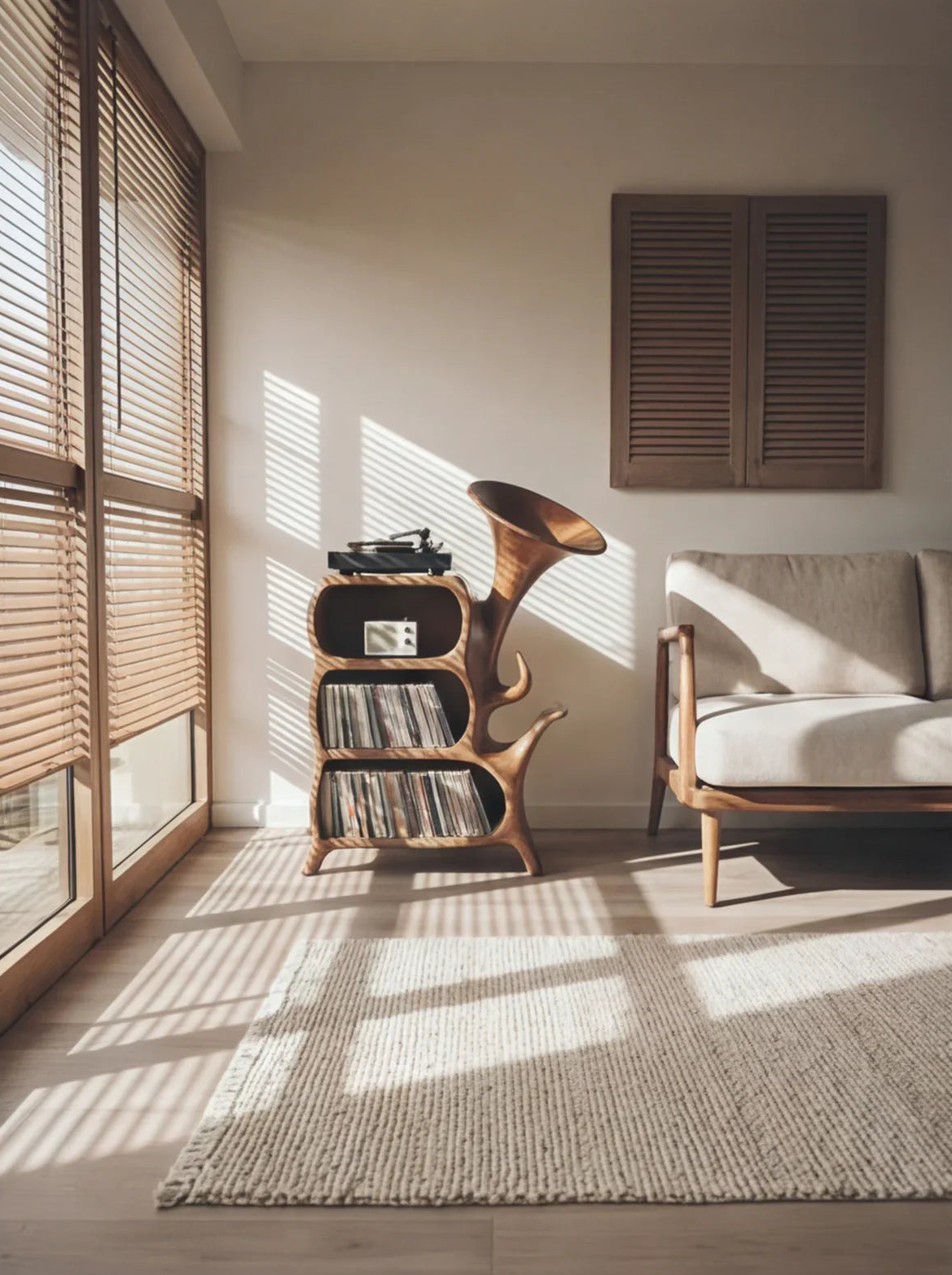 Solid wood record storage shelf with unique horn design beside mid-century sofa in sunlit living room