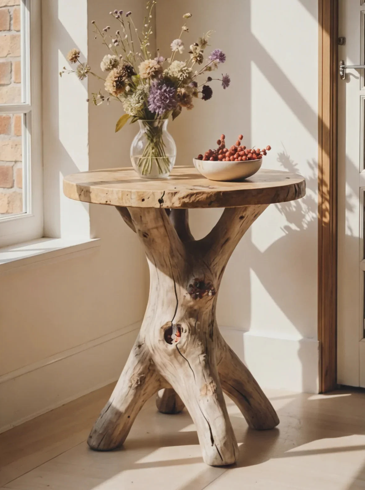 Live edge solid wood side table with natural branch legs, vase of flowers, and bowl in sunlight