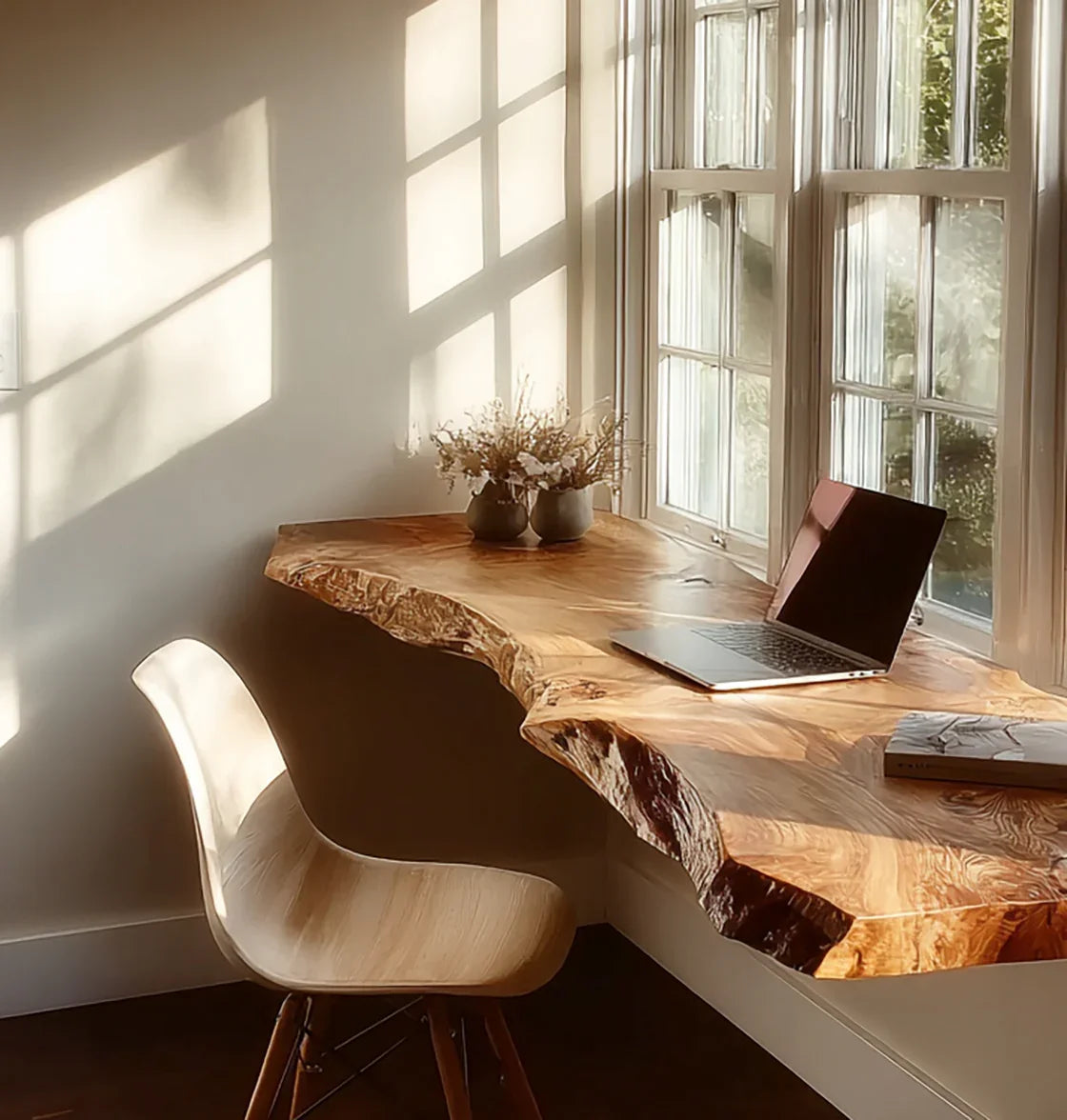 Live edge solid wood floating desk by window with laptop, chair, and dried flowers. acacia walnut mango wood species comparison floating desk surfaces