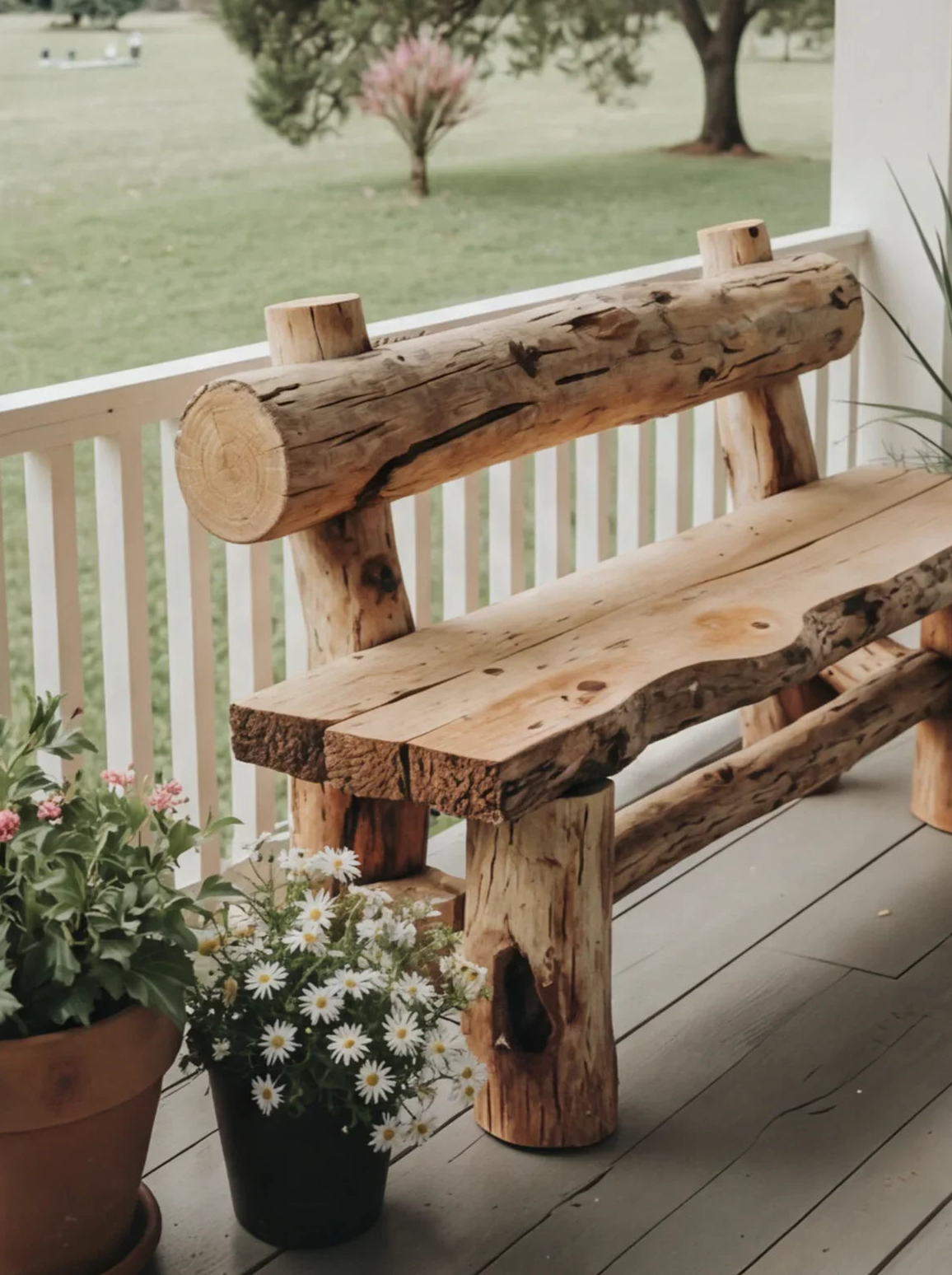 Solid wood live edge bench on porch with rustic log design and potted flowers