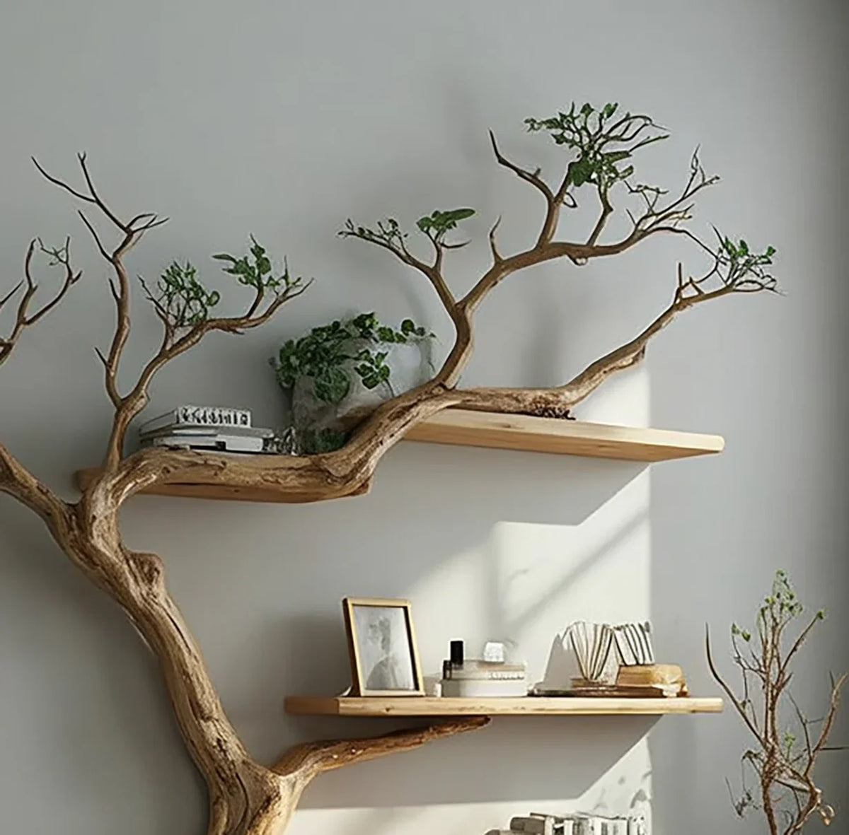 Live edge wood tree bookshelf with floating shelves and minimal decor, indoor natural design