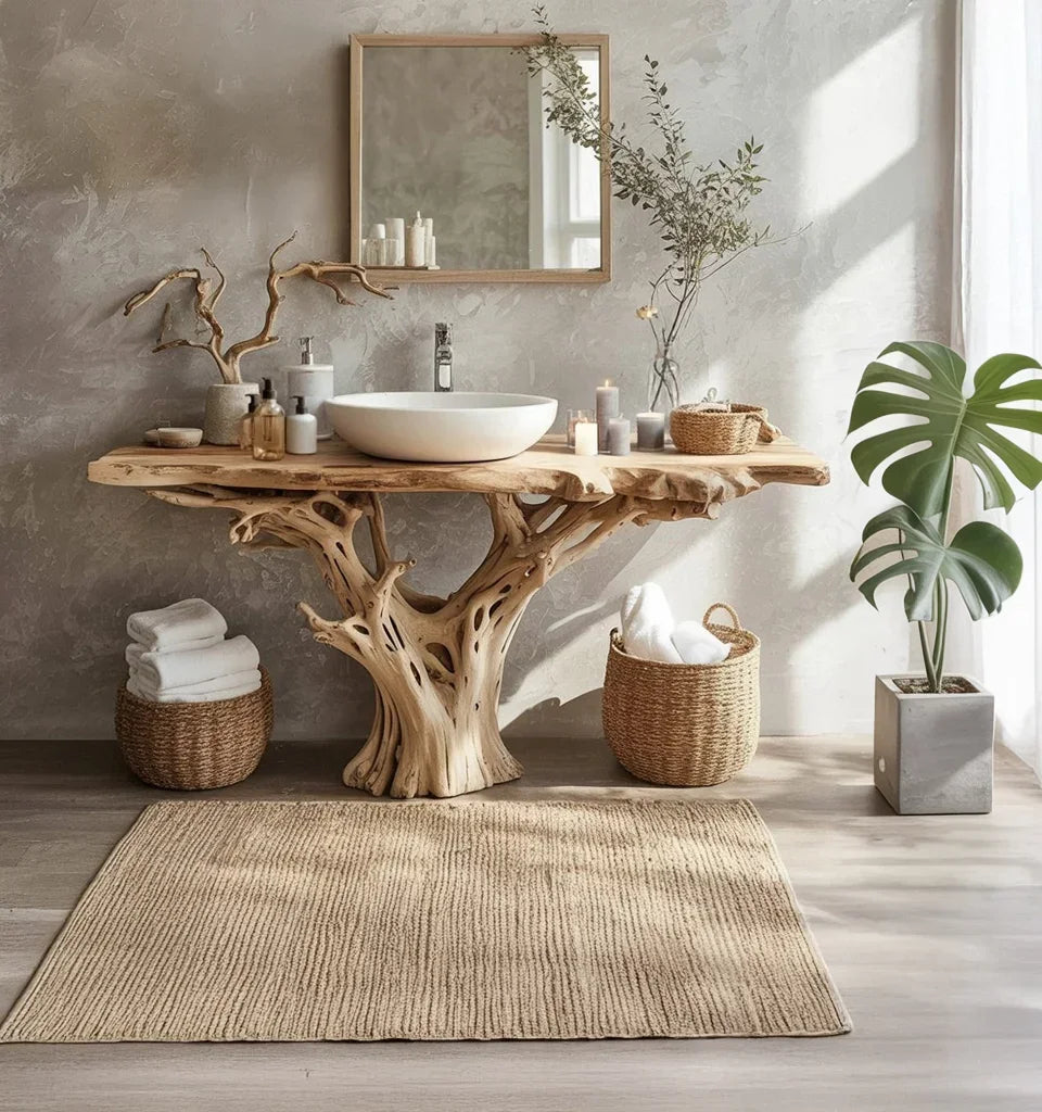 Aesthetic indoor monstera plant beside a rustic wooden bathroom vanity with vessels, candles, and wicker baskets