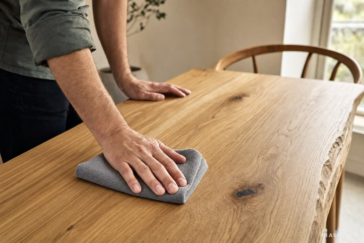 Cleaning a solid oak surface with a damp cloth.