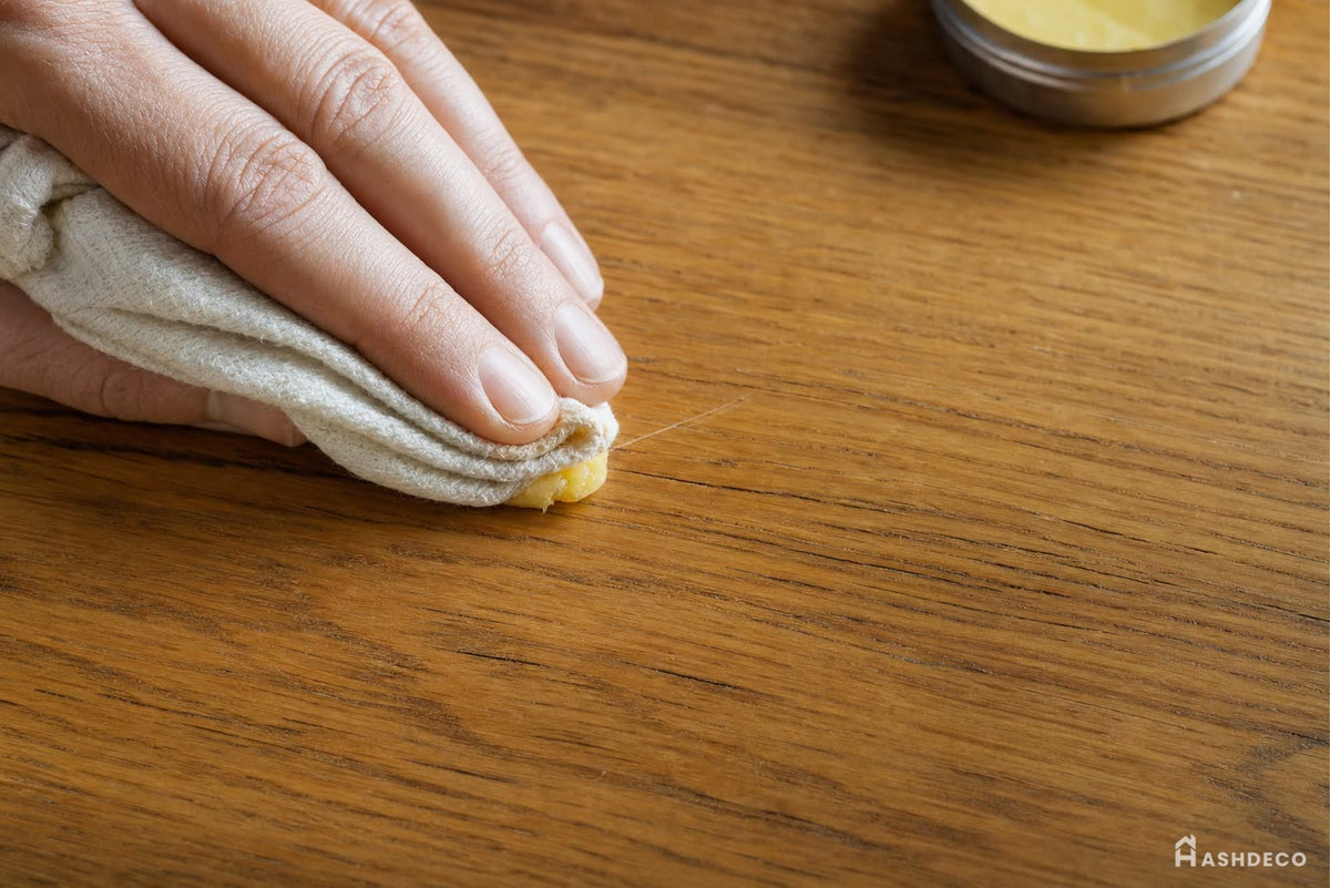 Rubbing beeswax polish into a light scratch on solid oak.