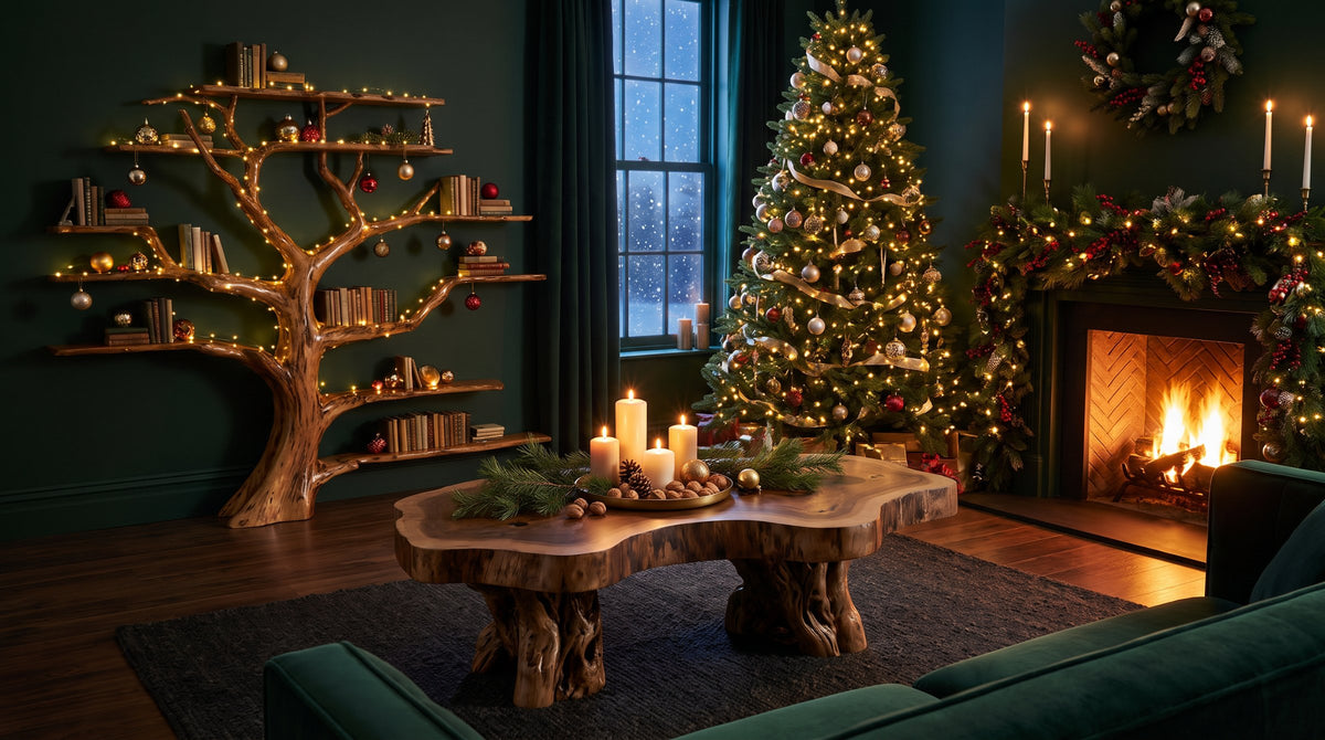 A deep green living room on Christmas night with an Ashdeco live-edge slab coffee table, a tree-shaped wall bookshelf with fairy lights, a lit tree and a fireplace