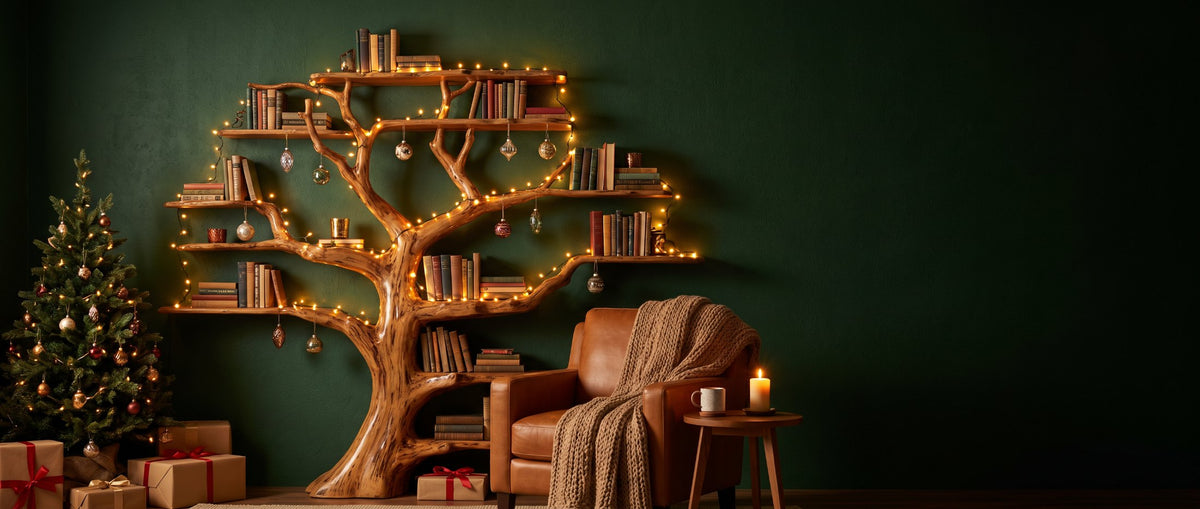 An Ashdeco tree-shaped wall bookshelf with fairy lights and ornaments on a green wall, beside a leather armchair, a small tree and wrapped gifts