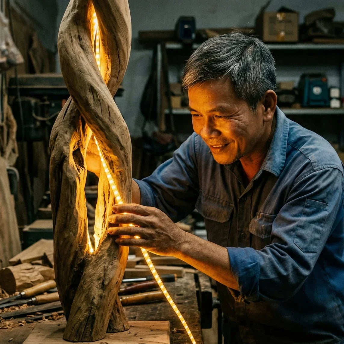 Artisan crafting twisted solid wood lamp with integrated LED strip in workshop